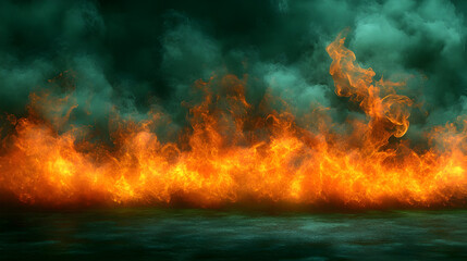 A vivid depiction of flames against a dark smoky background.