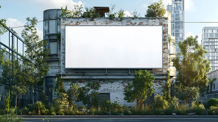 Poster - A weathered billboard surrounded by greenery in an urban setting.