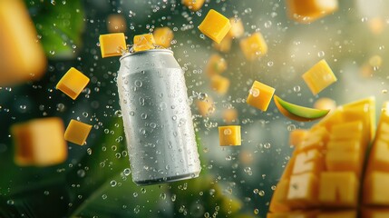 A pineapple, limes, and a can of soda splashing out in a burst of vibrant colors and refreshing liquid can mockup.