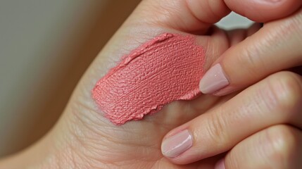 A hand holding a pink substance, possibly makeup, with a pinkish hue