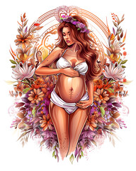 Wall Mural - A woman is holding a baby in a flowery background. The woman is wearing a white bikini and the flowers are orange and purple