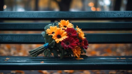 Wall Mural - A Bouquet of Yellow and Red Flowers on a Bench in Autumn