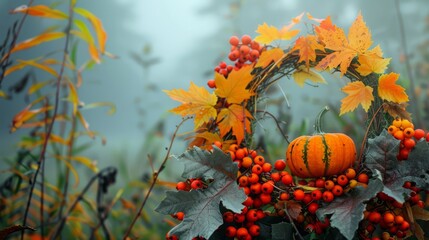 Sticker - autumn wreath with pumpkin on smoke background.