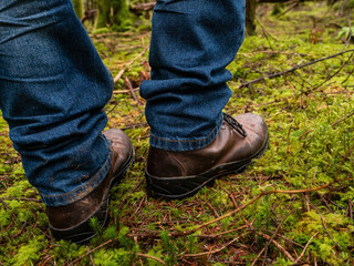 Tourist in blue jeans and tough brown leather outdoor boots on a green moss in a dense forest. Trip to nature and outdoor activity concept.