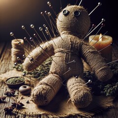 Creepy voodoo doll with yarn hair surrounded by occult items representing dark rituals and folk magic