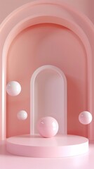Aufkleber - A serene, light pink space features elegant, floating spheres and forms, creating a calm and modern aesthetic