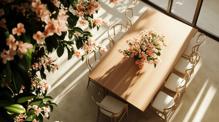 Abstract, minimalist space with a big family dinner table surrounded by flowers, clean lines, photo