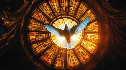 Canvas Print - White bird in front of stained glass window