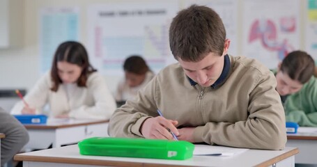Poster - High school, test and confused student in classroom with development, attention or learning disability. Dyslexia, ADHD and boy at desk studying for paper, thinking or writing notes for science exam.