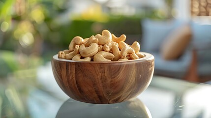 Cashew nut dry fruit in wooden bowl on glass table