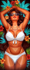 Wall Mural - A woman is laying on a beach with a bikini on and sunglasses on her face. The image is colorful and vibrant, with a tropical theme