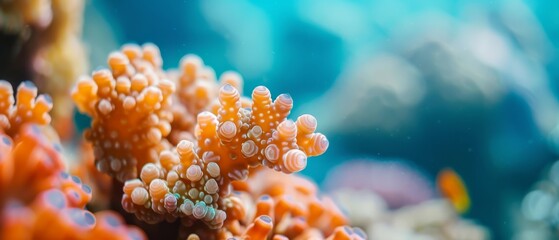  A tight shot of a solitary sea anemone clinging to a coral outcropping Background populated with additional sea anemones