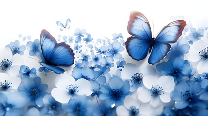 Wall Mural - Beautiful blue butterflies among delicate white and blue flowers.