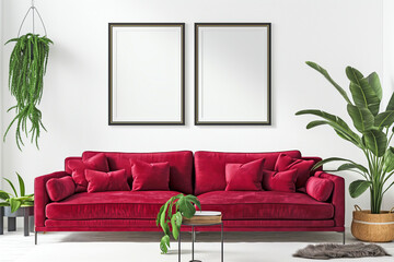 The interior of the hall with a red sofa, tropical indoor plants, a living room table, a window on the wall, two empty paintings hanging, mockup