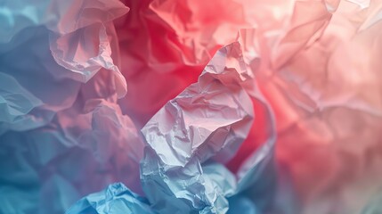 Poster - Crumpled red and blue paper fills the frame, showing intricate textures against a soft, unfocused backdrop that emphasizes the vibrant colors