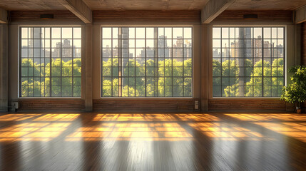 Poster - Bright, spacious interior with large windows overlooking greenery.