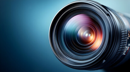 Close-up of a camera lens showcasing vibrant reflections.