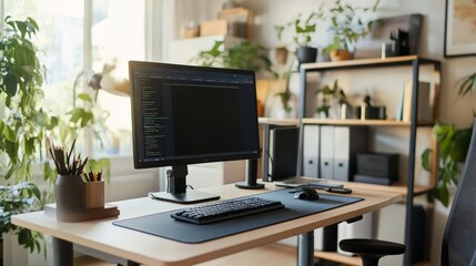 Poster - Modern Home Office Workspace with Computer and Plants.