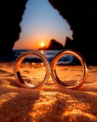 Two elegant gold wedding rings on a sandy beach, glowing in the warm sunset light, symbolizing love and commitment.