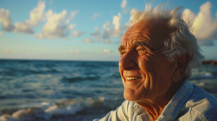 Wall Mural - Blissful elderly man smiling by the ocean