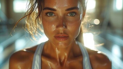 Wall Mural - A close-up action shot of a woman sprinting on a treadmill. showcasing her intense focus and speed. modern gym with natural sunlight streaming in. sharp details and high dynamic range. hd quality.