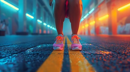 Wall Mural - A dynamic photograph of a woman doing high knees in a HIIT workout. her determination evident. contemporary gym setting with vibrant colors. natural sunlight. motion blur effect to show speed.