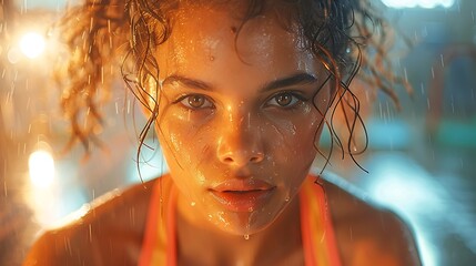 Wall Mural - A dynamic shot of a woman doing high knees in a HIIT session. sweat glistening on her skin. vibrant gym background with various equipment. focused expression. bright and vivid colors.