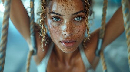 Wall Mural - A dynamic shot of a woman executing a ring dip on gymnastics rings. her muscles tense and focus clear. energetic gym environment with bright lights. high-speed photography. hd quality. vivid style.