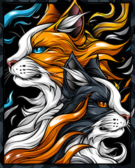 Sticker - Two cats with orange and black fur are shown in a painting. The cats are facing each other and appear to be in a playful mood. The painting has a vibrant and energetic feel to it, with the orange