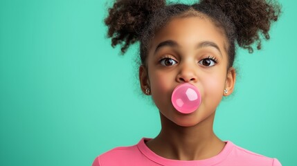 Canvas Print - A young girl is blowing bubbles with a pink bubble gum. She is smiling and looking at the camera