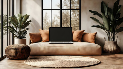 Poster - Cozy living space with a laptop and indoor plants.