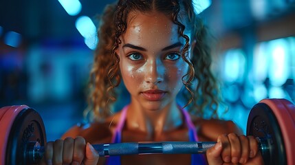 Wall Mural - A high-energy image of a woman lifting heavy dumbbells. her focus and strength highlighted. modern gym with sleek design and various equipment. dynamic lighting. hd quality. vivid style.