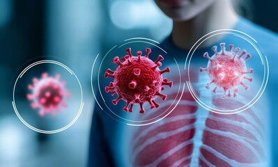 Illustration of the combination between skin and viruses in the human chest, in red color, monkeypox virus