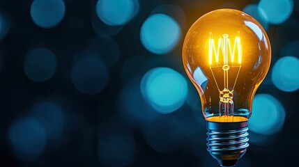 Wall Mural - a glowing light bulb radiates warmth against a blurred blue background, symbolizing innovation and c