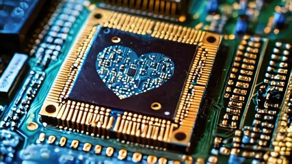 Poster - technical chip in the shape of a heart. a piece of metal in the shape of a heart in a technical part