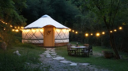 Wall Mural - A cozy yurt nestled in a forest, illuminated by string lights and a table with chairs, creating a magical outdoor dining experience.