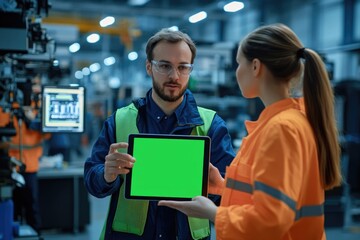 Fototapete - Industrial workers discussing a project on a tablet with a green screen in a modern factory