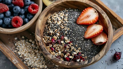 Wall Mural - Chia seeds dry fruit in wooden bowl close up on wooden tray