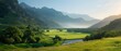 © Viktor - A verdant valley, nestled between a distant mountain range and a winding river Lush trees and vibrant grass populate the foreground