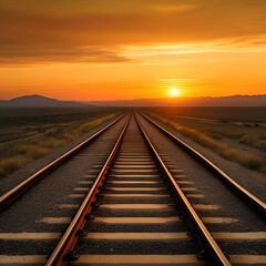 Wall Mural - photo-of-a-train-track-crossing-a-landscape-at-sunset-with-a-golden-orange-sky-and-stretching-cloud