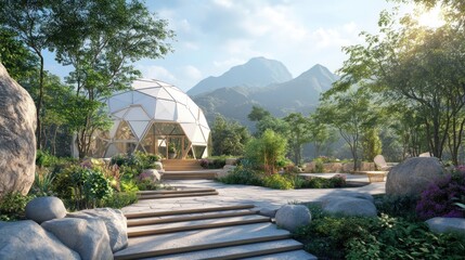 Poster - Modern geodesic dome home nestled in a lush green mountain landscape with stone pathway and steps.