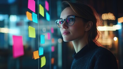 Wall Mural - Woman examining sticky notes on glass wall