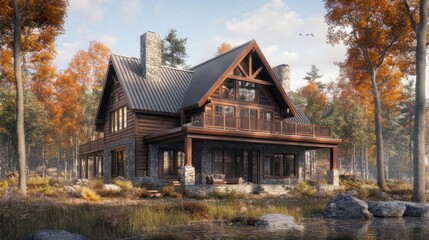 Poster - A stunning log cabin nestled in a lush autumnal forest, showcasing a serene lake with large boulders. The cabin's intricate stonework and expansive windows create an inviting and cozy atmosphere.