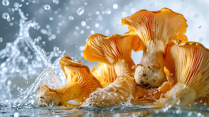 Orange forest mushrooms chanterelles in splashes of water close-up, dynamic image