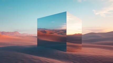 Sticker - Surreal and stark, a mirror cube in the middle of the desert reflects the endless sands and sky, merging into one