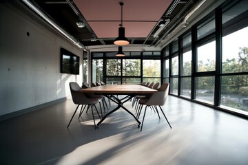 Wall Mural - Sleek and minimalist conference room with a long wooden table