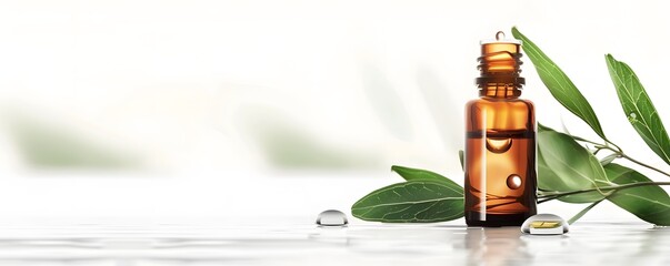 Amber Glass Bottle of Essential Oil with Green Leaves and Droplets