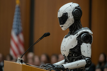 Wall Mural - A humanoid robot giving a speech at a podium with an American flag backdrop, symbolizing AI leadership and futuristic technology.






