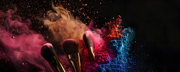 makeup brushes in a burst of colorful powder