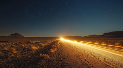 Wall Mural - Long exposure of a deserted desert road at night with a car's headlights illuminating the path. 